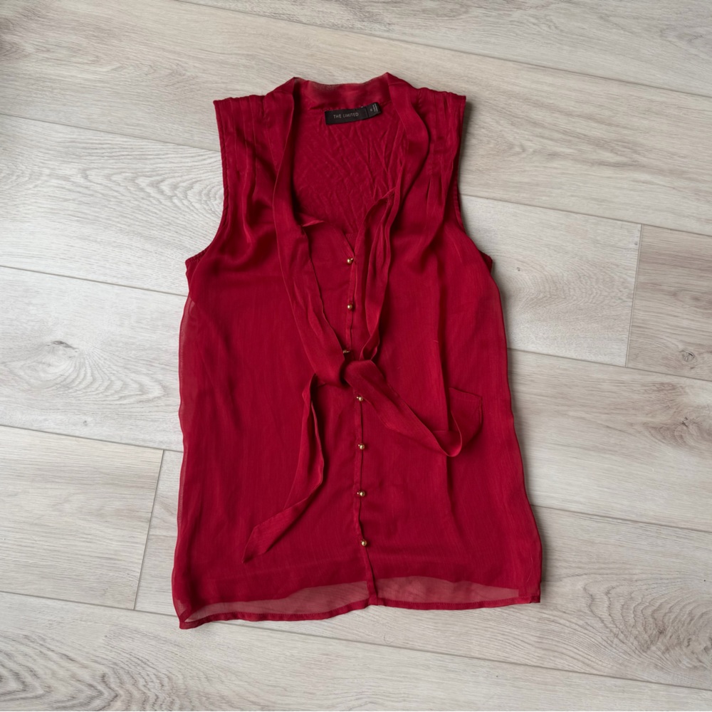 The Limited Red Sheer‎ Ruffle Tie Neck Sleeveless Blouse Top Small Y2K